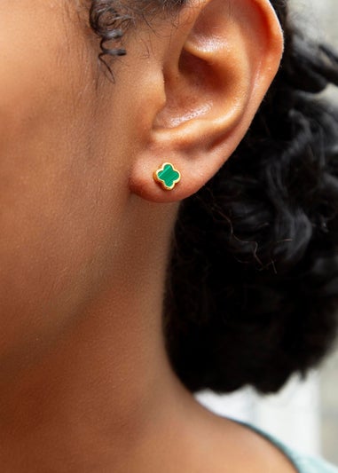 Golden Moments Yellow Gold Plated Clover Malachite Stud Earrings