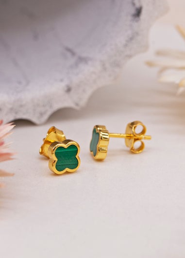 Golden Moments Yellow Gold Plated Clover Malachite Stud Earrings