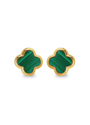 Golden Moments Yellow Gold Plated Clover Malachite Stud Earrings