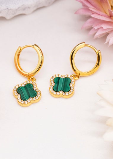 Golden Moments Yellow Gold Plated Clover Malachite CZ Huggy Earrings