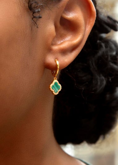 Golden Moments Yellow Gold Plated Clover Malachite CZ Huggy Earrings