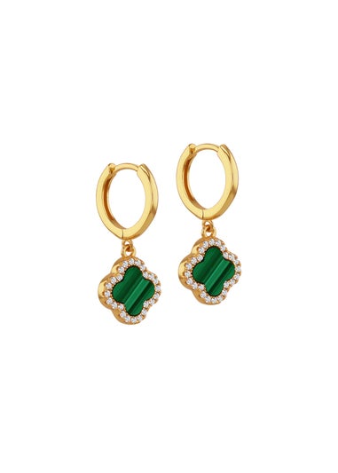 Golden Moments Yellow Gold Plated Clover Malachite CZ Huggy Earrings