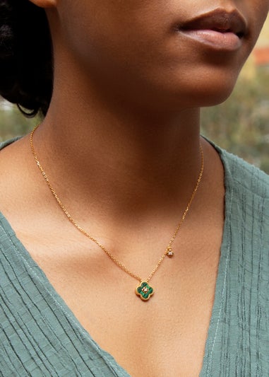 Golden Moments Gold Plated Clover Malachite CZ Accent Necklace