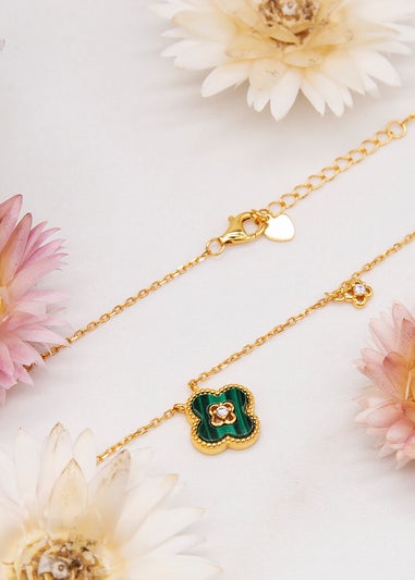 Golden Moments Gold Plated Clover Malachite CZ Accent Necklace