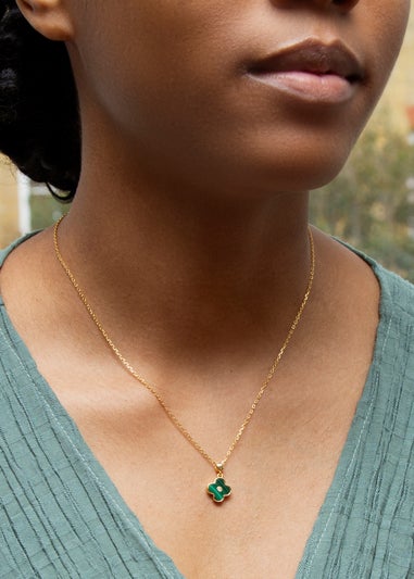 Golden Moments Yellow Gold Plated Clover Malachite and CZ Necklace