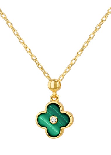 Golden Moments Yellow Gold Plated Clover Malachite and CZ Necklace