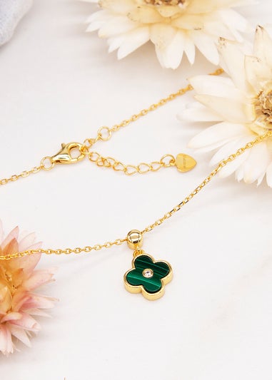 Golden Moments Yellow Gold Plated Clover Malachite and CZ Necklace