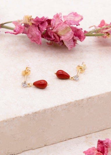 Golden Moments 9ct Yellow Gold Red Stone CZ Drop Earrings