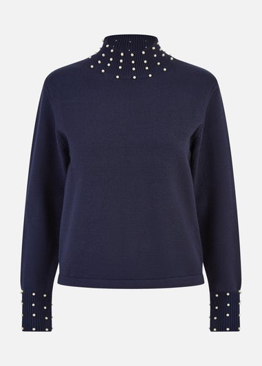 Mela Navy Pearl Detail High Neck Jumper