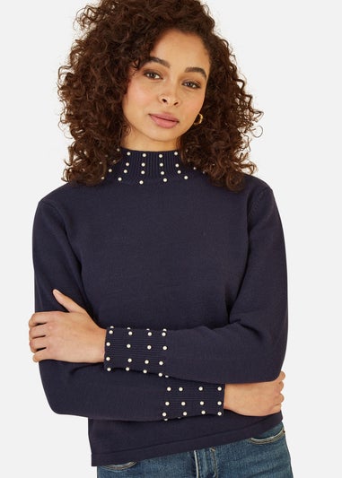 Mela Navy Pearl Detail High Neck Jumper