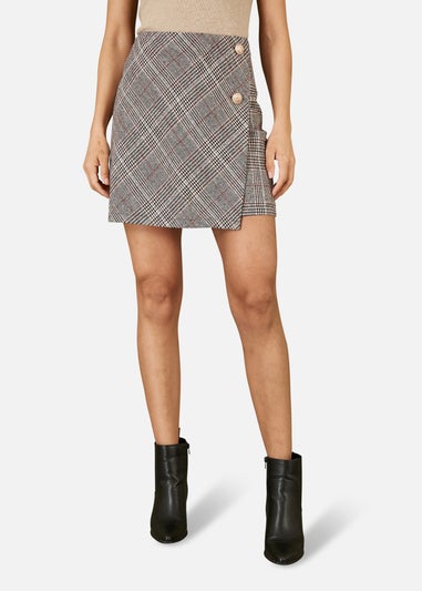 Mela Grey Checked Wrap Mini Skirt With Button Detail