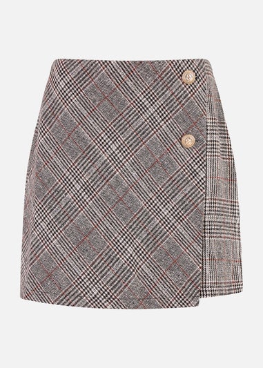 Mela Grey Checked Wrap Mini Skirt With Button Detail