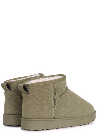 Linzi Ultra Mini Addy Khaki Faux Suede Faux Fur Lined