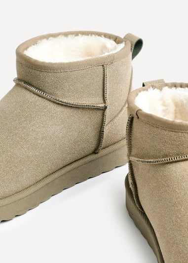 Linzi Ultra Mini Addy Khaki Faux Suede Faux Fur Lined Ultra Mini Ankle Boot