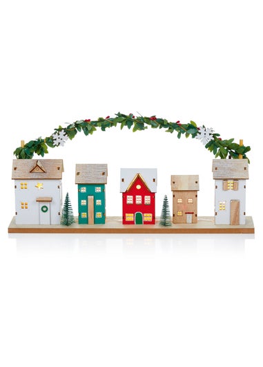 Premier Decorations Battery Operated Lit Wooden House Scene with Garland 40cm