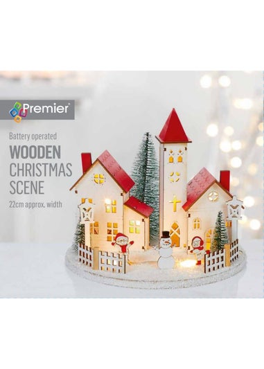 Premier Decorations Battery Operated Lit Wooden Round Village Christmas Scene 22cm