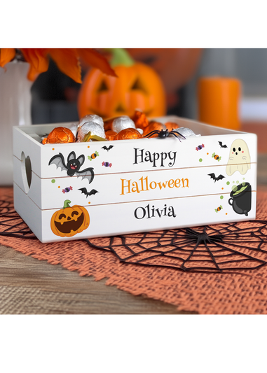 Personalised Memento Company White Wood Halloween Small Wooden Treats Crate