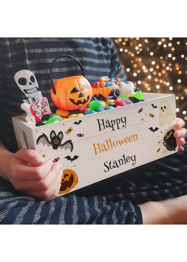 Personalised Memento Company White Wood Halloween Small Wooden Treats Crate