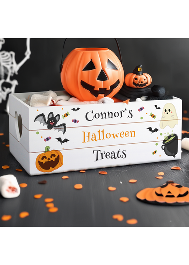 Personalised Memento Company White Wood Halloween Small Wooden Treats Crate