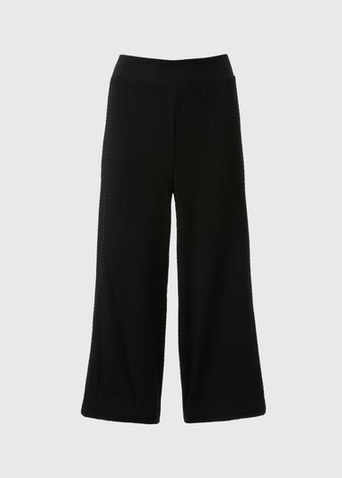 Black Textured Cropped Wide Leg Trousers