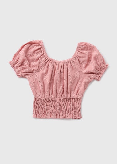 Girls Pink Crinkle Broderie Crinkle Milkmaid Top (7-15yrs)