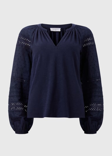 Navy Broderie Anglaise Long Sleeve Top