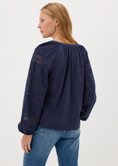 Navy Broderie Anglaise Long Sleeve Top