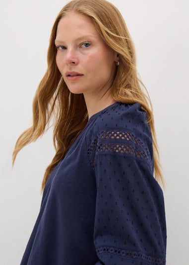 Navy Broderie Anglaise Long Sleeve Top