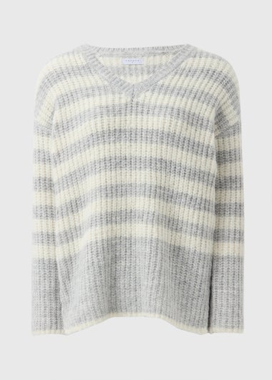 Grey Stripe Ribbed V-Neck Jumper