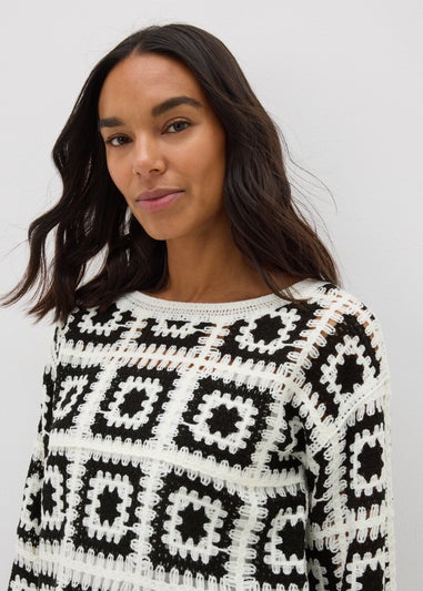 Black Monochrome Patchwork Crochet Jumper