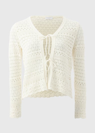 Ivory Pointelle Tie Front Cardigan