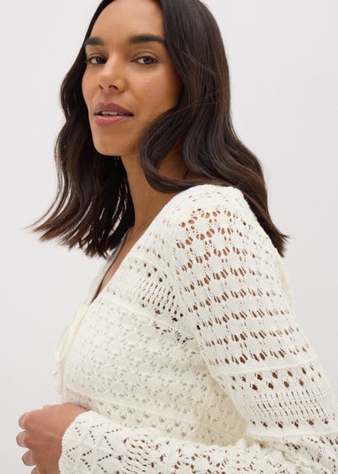 Ivory Pointelle Tie Front Cardigan