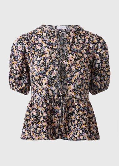 Black Tie Front Peplum Floral Blouse