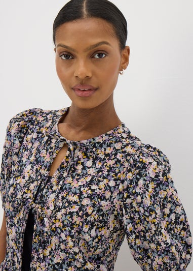 Black Tie Front Peplum Floral Blouse