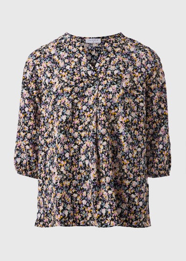 Black Seersucker Floral V-Neck Blouse