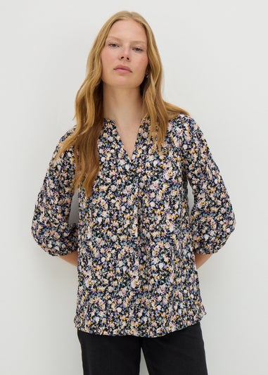 Black Seersucker Floral V-Neck Blouse