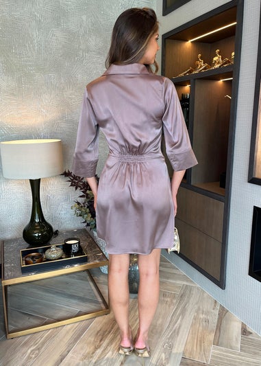 AX Paris Taupe 3/4 Sleeves Gathered Waist Detail Satin Mini Dress