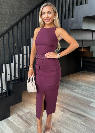 AX Paris Plum Round Neck Belted Bodycon Cargo Midi Dress