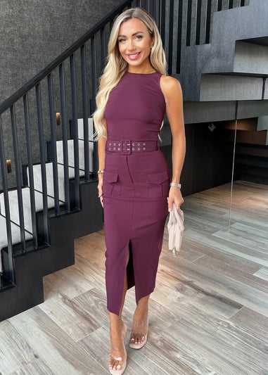 AX Paris Plum Round Neck Belted Bodycon Cargo Midi Dress