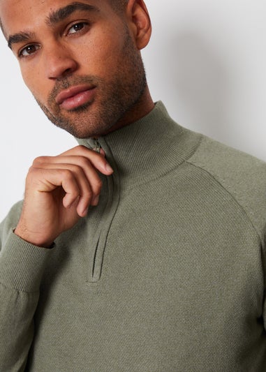 Threadbare Olive Textured Knit Quarter Zip Jumper