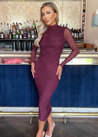 AX Paris Plum High Neck Long Sleeve Ruched Bodycon Mesh Midi Dress