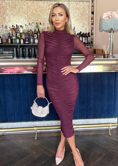 AX Paris Plum High Neck Long Sleeve Ruched Bodycon Mesh Midi Dress