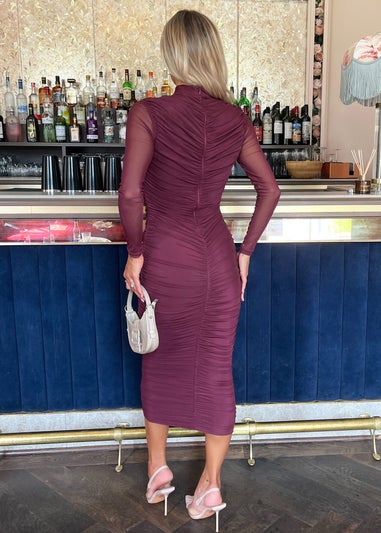 AX Paris Plum High Neck Long Sleeve Ruched Bodycon Mesh Midi Dress