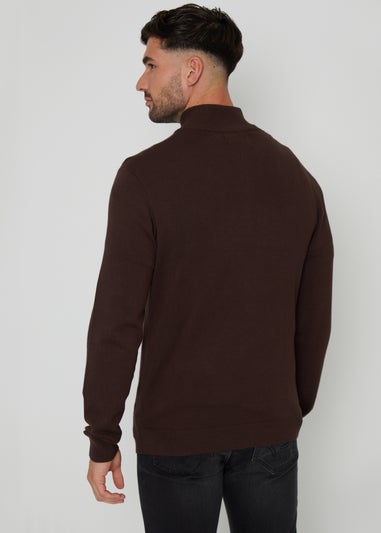 Threadbare Brown Funnel Neck Quarter Zip Knitted Jumper