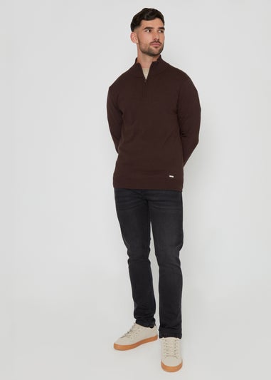 Threadbare Brown Funnel Neck Quarter Zip Knitted Jumper