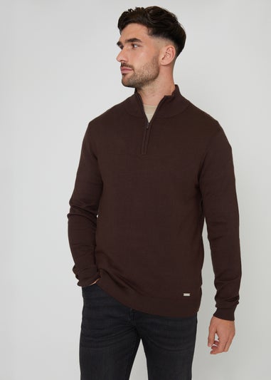 Threadbare Brown Funnel Neck Quarter Zip Knitted Jumper