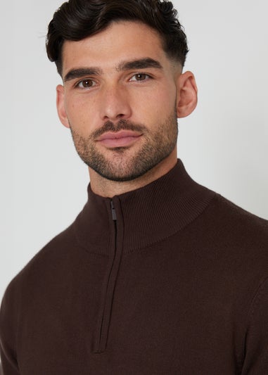 Threadbare Brown Funnel Neck Quarter Zip Knitted Jumper