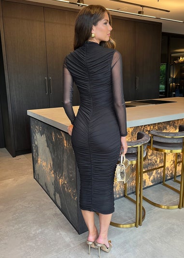 AX Paris Black High Neck Long Sleeve Ruched Bodycon Mesh Midi Dress