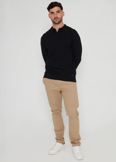 Threadbare Black Long Sleeve Quarter Zip Knitted Polo Jumper