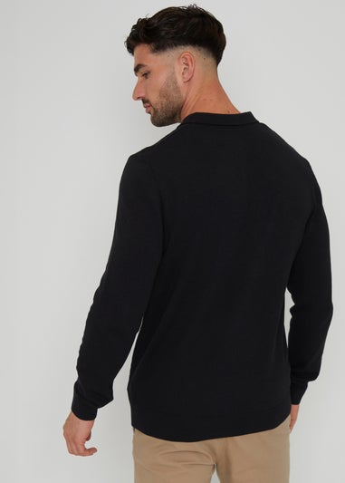 Threadbare Black Long Sleeve Quarter Zip Knitted Polo Jumper